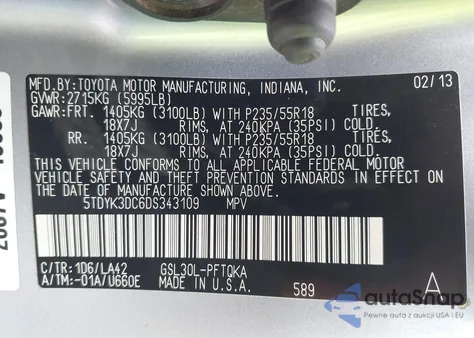 2013 Toyota Sienna Limited V6 7 Passenger z USA, uszkodzony, nr VIN 5TDYK3DC6DS343109